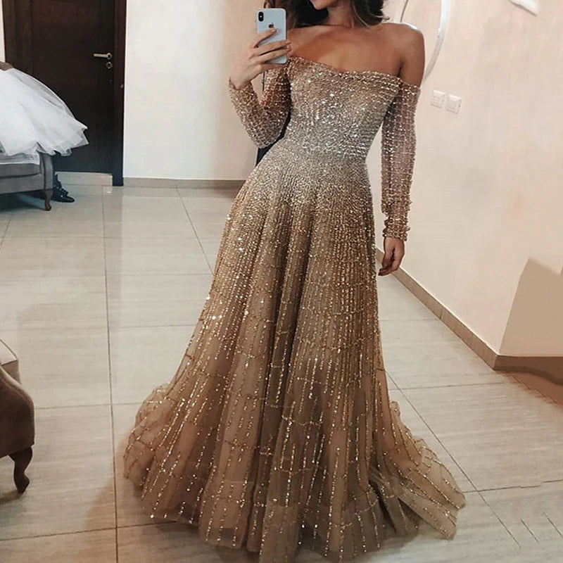 Women's Fashion Hight Waist Slim Long Dress Casual Long Sleeve Solid Party Dress Elegant Strapless Shiny Sequins Evening Dress