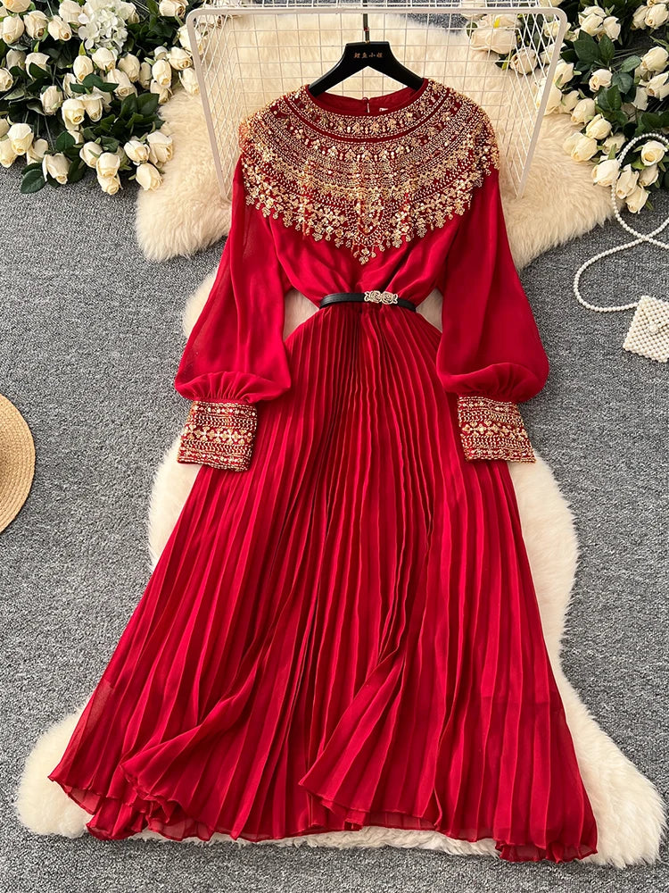 Spring Autumn French Sequin Nail Bead Long Sleeved Dress Women New Elegant Temperament Birthday Party Pleated Long Dress C227