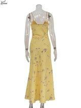 Oymimi Casual Yellow Print Women's Dress Elegant Spaghetti Strap Open Back Dresses Autumn Fashion High Waist Ankle-Length Dress