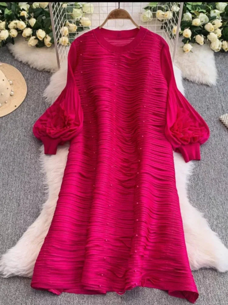 Mizhai Nail Beads Hollow Fringed Disc Pleats High-end Loose Round Neck Heavy Industry Lantern Sleeves Long Dress Women's New