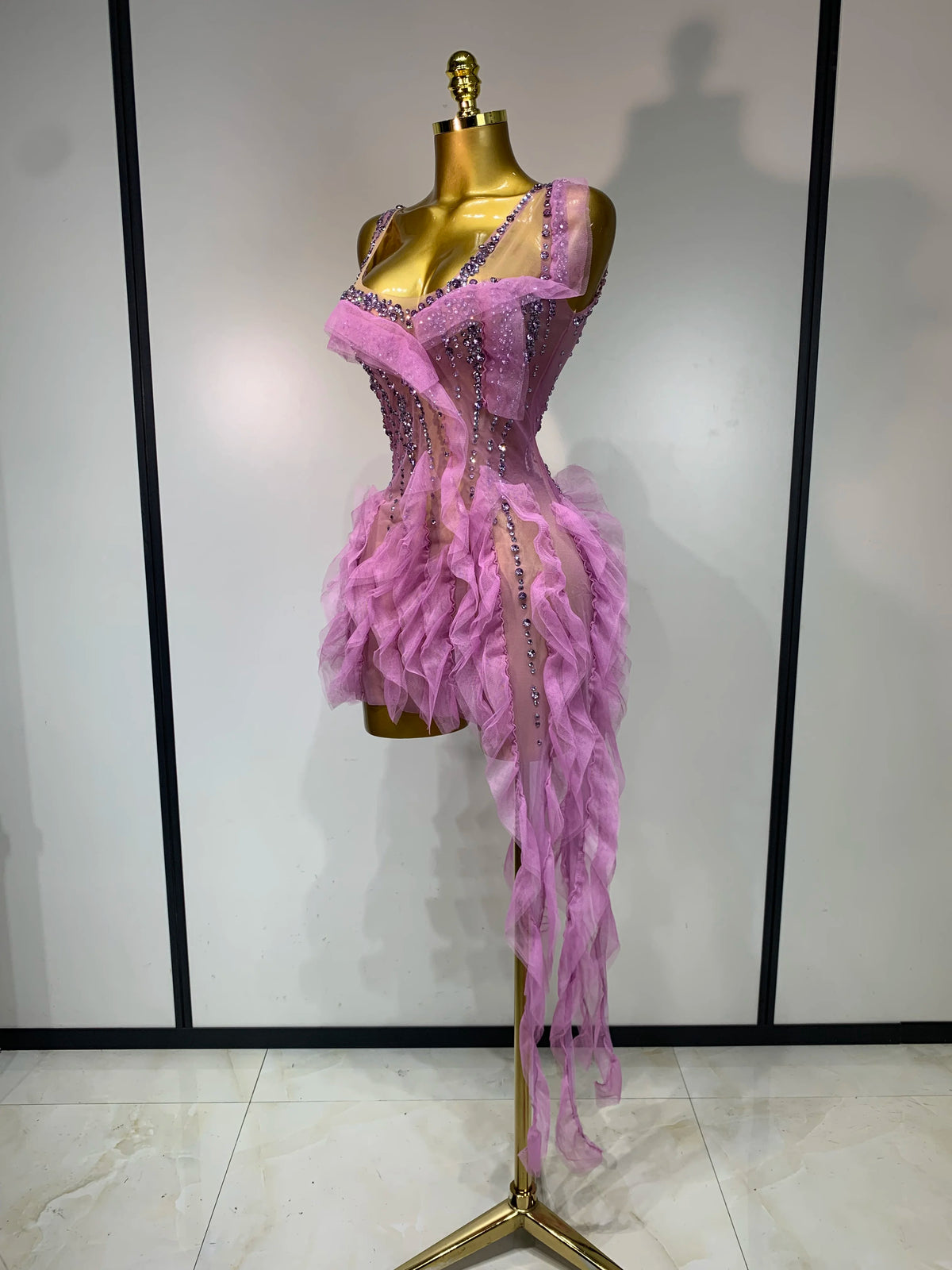 Women Sexy Mesh Ruffle See Through Mini Dress Sparkly Rhinestone Evening Party Prom Gown Nightclub Singer Stage Costume