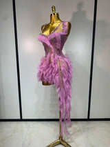 Women Sexy Mesh Ruffle See Through Mini Dress Sparkly Rhinestone Evening Party Prom Gown Nightclub Singer Stage Costume