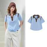 TOYOUTH Women T-Shirt 2026 Summer New Color Block Splicing Pique Cotton Light Sporty Polo Collar Trendy Tops