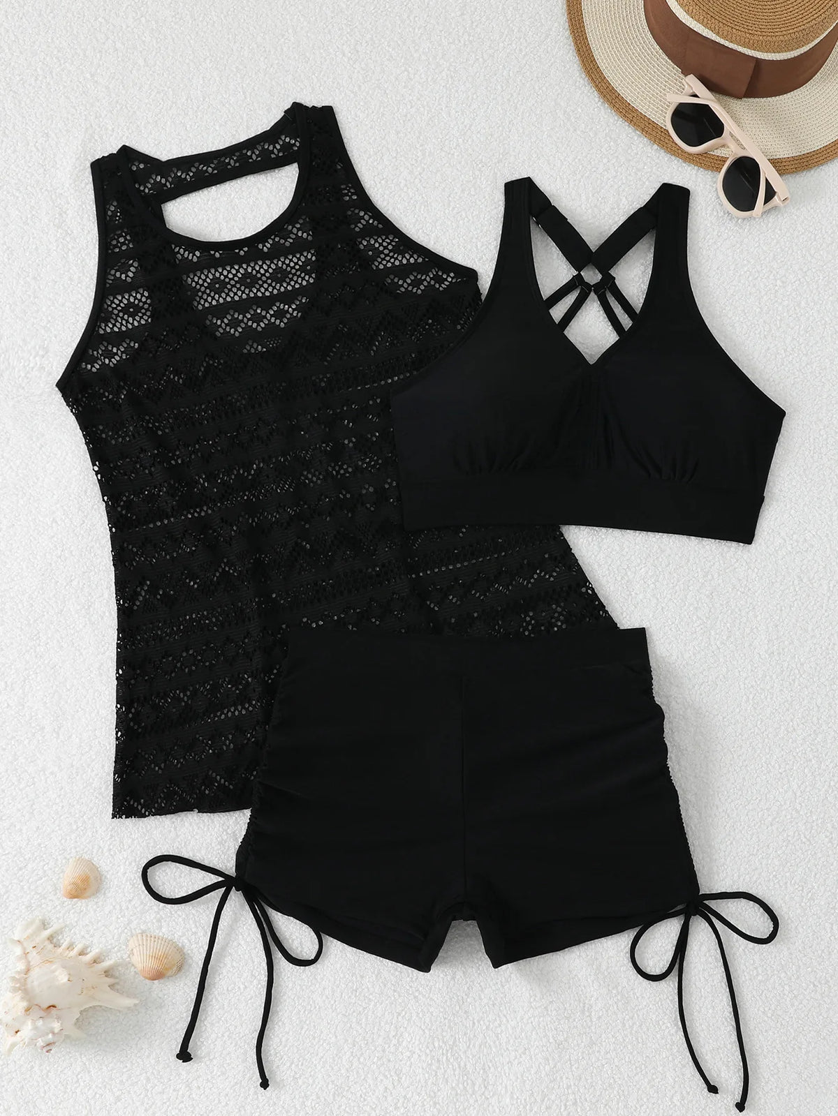 2026 New Swimsuit Lace Mesh Split Tankini Swimsuit Women's Bikini 3-Piece Set