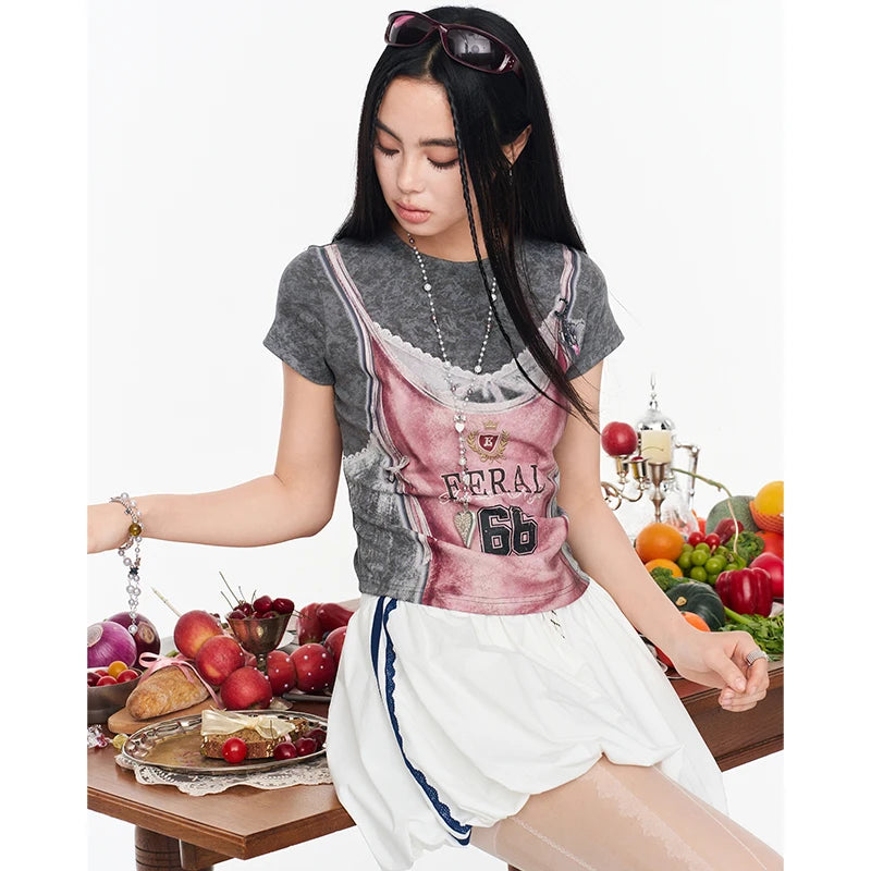 ELFSACK Fake Two-Piece Crop Top, Retro FERAL 66 Print Lace Bow Tee, Slim Short Sleeve T-shirt for Women
