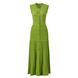 Spring And Summer New Fashion Thin Cut Hollow Lace Silver S Button Slim Fit Round Neck Sleeveless Temperament Women's Dress
