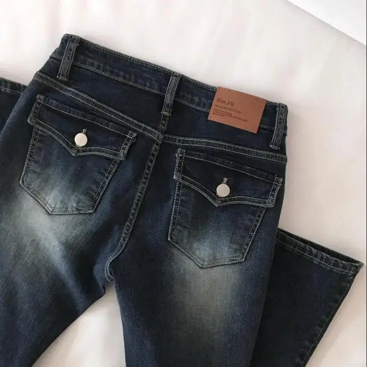 Low Waist Flared Jeans Slimming Legs Plump Hips Blue Cotton Stretch Denim Pants Women's Faion Spring 2025