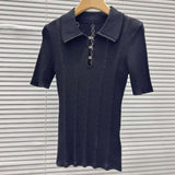 Twisted Knit Sweater T-shirt Women Summer Fashion Buttons Hollow Out Short Sleeve Top Office Lady Turn-Down Collar Knitwear Tee