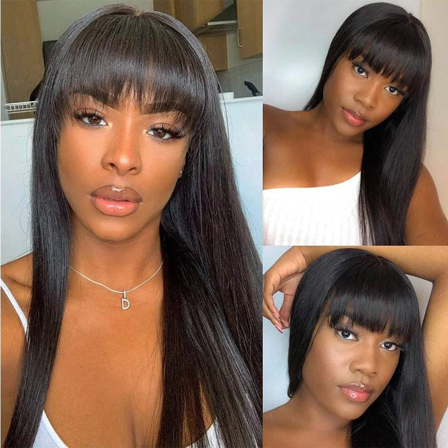 Glueless Wig With Bangs Human Hair 3x1 HD Lace Straight Human Hair Wigs
