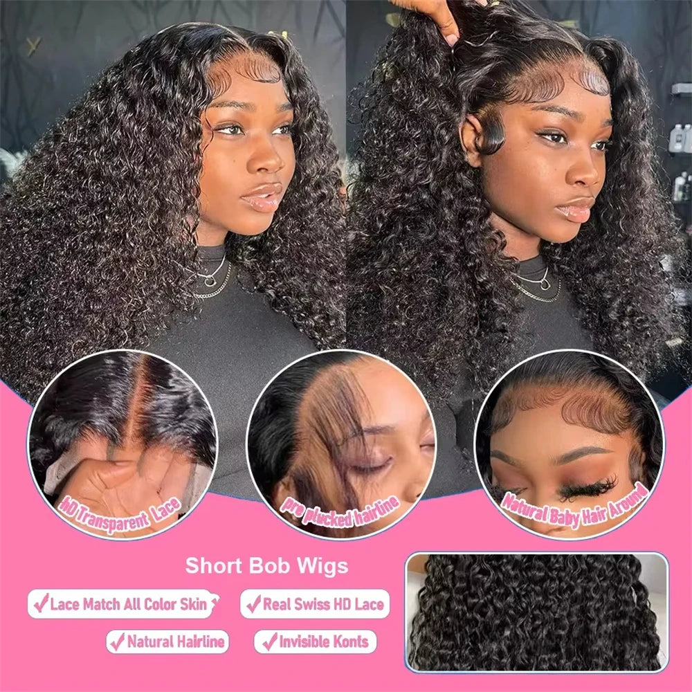Deep Wave Bob 100% Human Hair Wigs Pre Plucked 13x4 Lace Front Wigs Water Wave Human Hair Curly 4x4 Lace Closure Wigs Burmese Human Hair For Black Women 240% Density 16 Inch