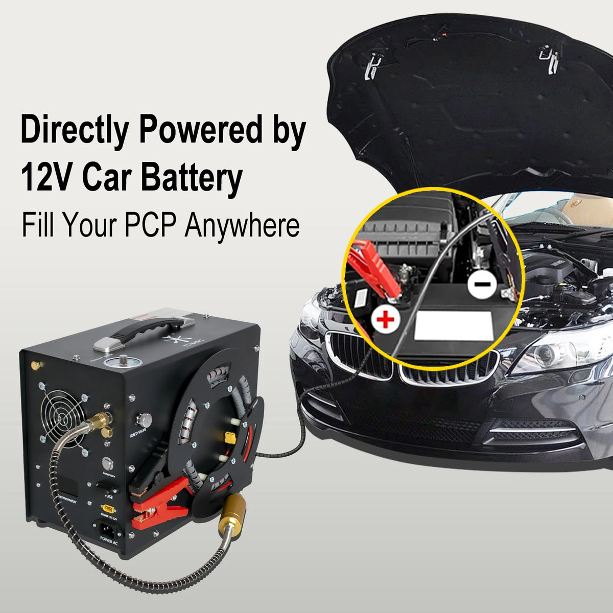 TUXING TXES062 4500Psi Portable PCP Air Compressor 300Bar High Pressure Auto-stop Compressor with 12V Car Power Supply for Rifle