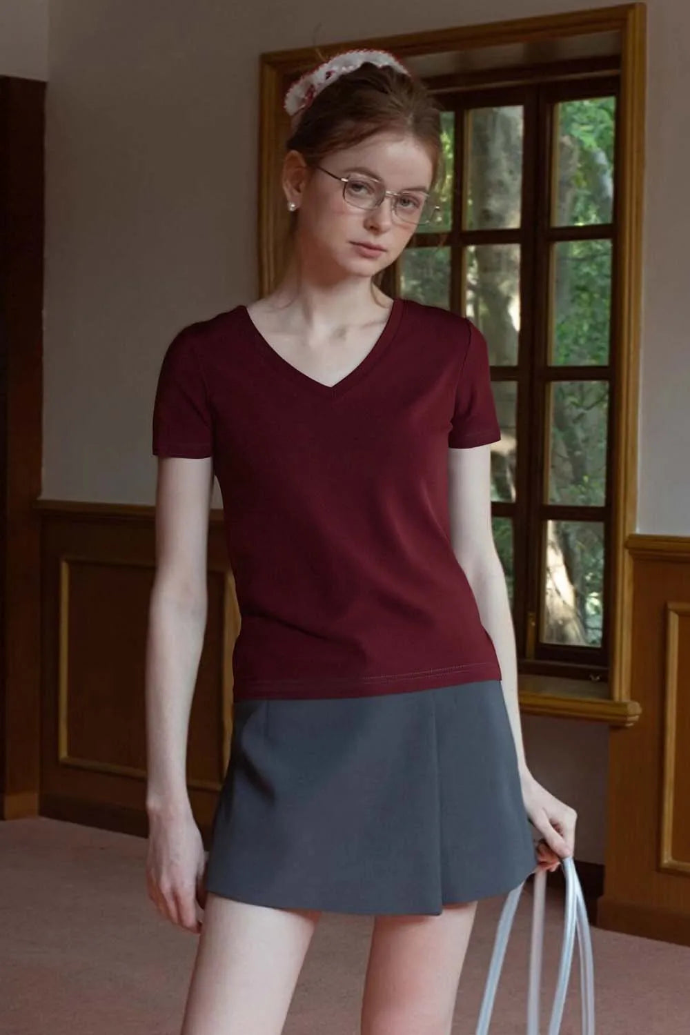 VIMLY Women's Casual V-neck Loose T-Shirt 2026 Summer Short Sleeve Cotton Blend Simple Commute Pullover Versatile Tees Top A0811