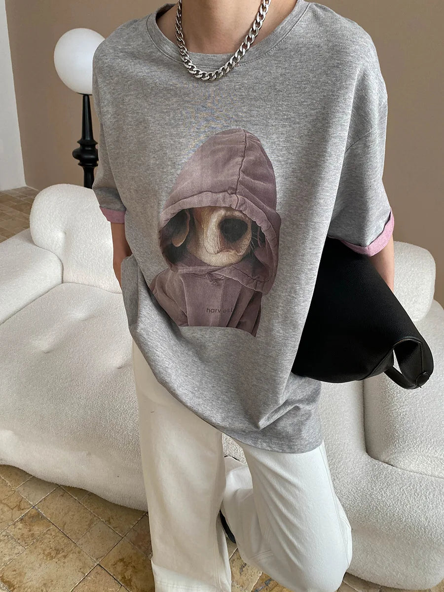 Spring women's casual cartoon printed round neck short sleeved loose T-shirt