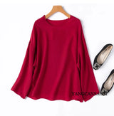 2025 Women's Leisure Summer New 100% Natural Mulberry Silk Bubble Crepe Long Sleeve Air Feel Loose Round Neck Solid T-shirt