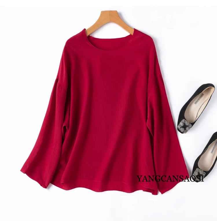 2025 Women's Leisure Summer New 100% Natural Mulberry Silk Bubble Crepe Long Sleeve Air Feel Loose Round Neck Solid T-shirt