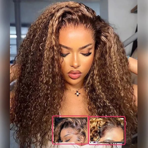 Deep Wave Curly Human Hair Wig Honey Blonde Highlight Wig Human Hair 5x5