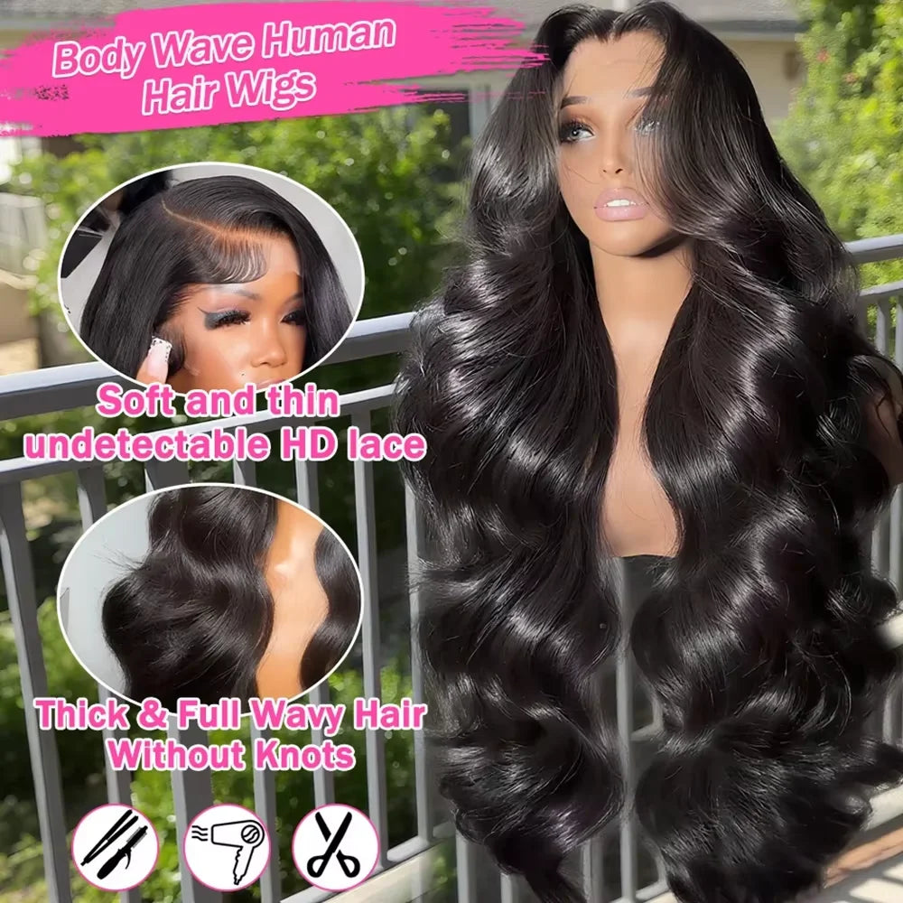 250 Density 100% Human Hair 13x4 13x6 Body Wave HD Lace Frontal Wig 40 46 Inch 360 Full HD Lace Front Wigs Loose Natural Black