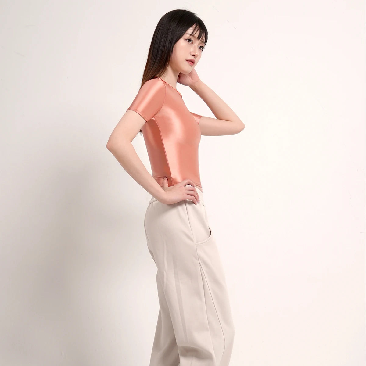 MJINM Women Oil Glossy Silky Smooth Short-sleeve Bottoming Shirt Strech Tight Soild Color Casual Yoga Sports Home Short T-shirt