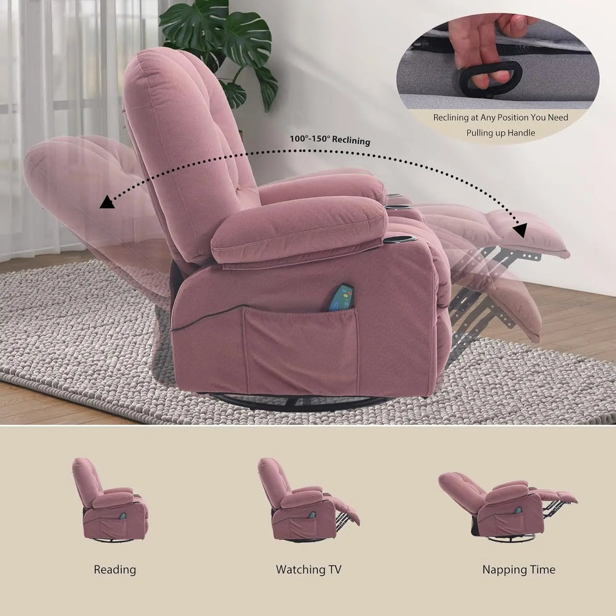 Rocker Recliner Chairs for Adults, Swivel Recliners with Massage and Heat, Fabric Overstuffed Glider with Cup, Customized