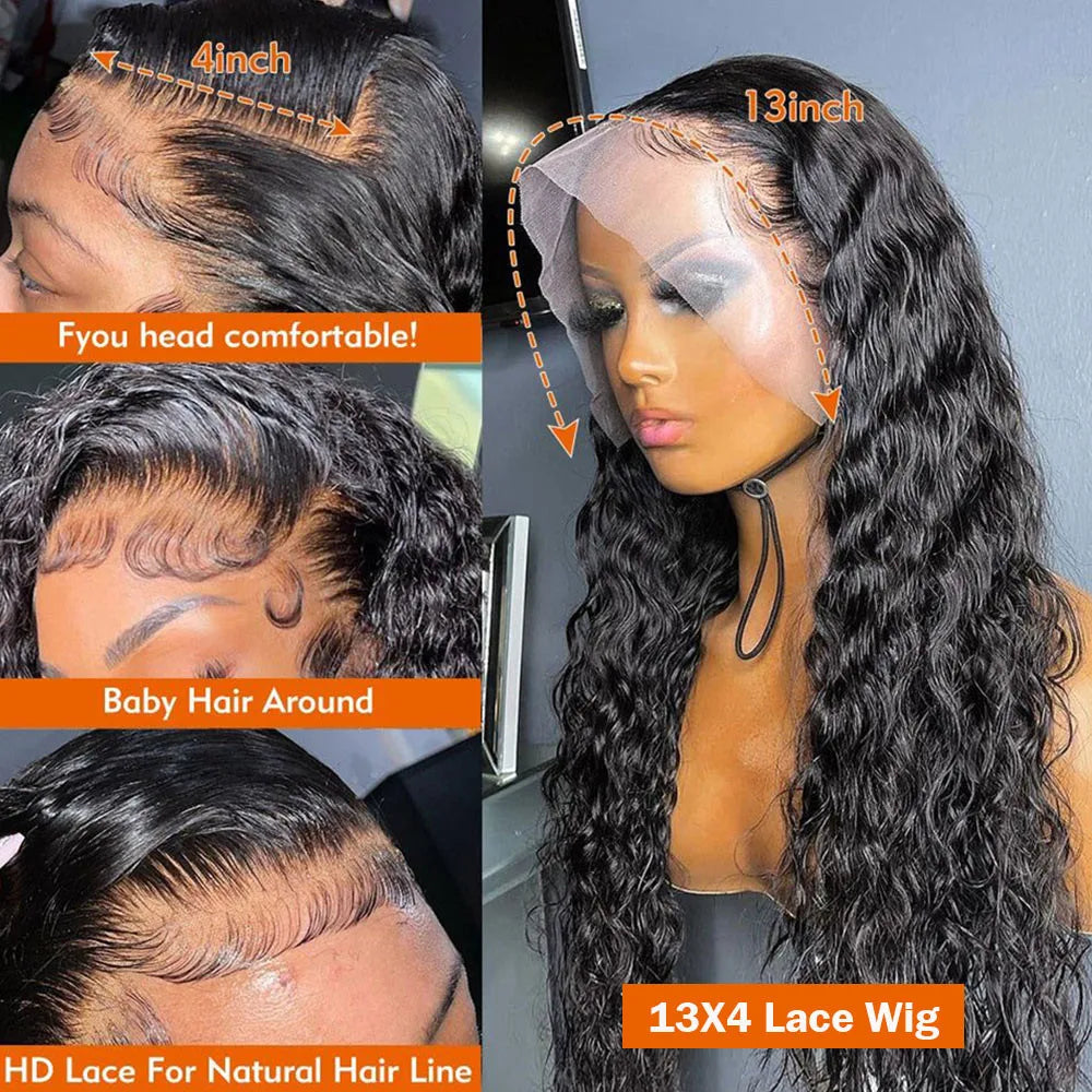 13x4 HD Water Wave Human Hair Wig 40 Inches Pre Plucked Lace Frontal Wig