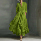 Women's Casual Dresses 2026 Spring Elegant V Neck High Waist A-Line Long Dress Retro Solid 3/4 Sleeve Ruffle Hem Boho Maxi Dress