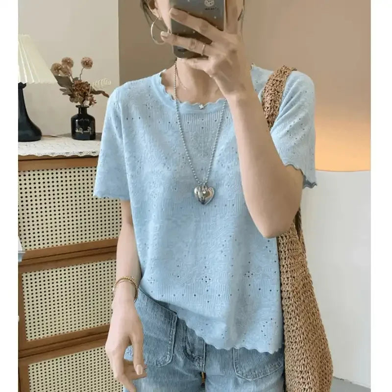 Women's Clothing Loose T-shirt Summer Knit French Style Hollow Out Short Sleeve Ice Silk Tee Lady Large Size O-neck Elegant Tops