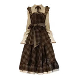 Fake Two-Piece Dress for Women Long Skirt Slim Fit Waist Cinching Vintage Lolita Plaid Bow New Korean Style Fashion Winter 2024