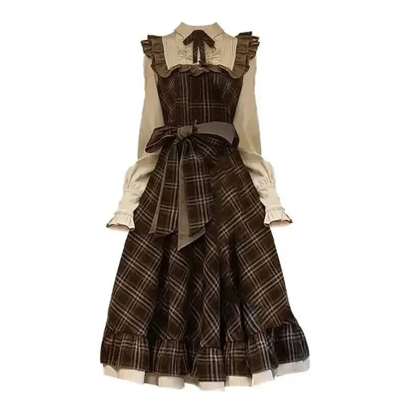 Fake Two-Piece Dress for Women Long Skirt Slim Fit Waist Cinching Vintage Lolita Plaid Bow New Korean Style Fashion Winter 2024