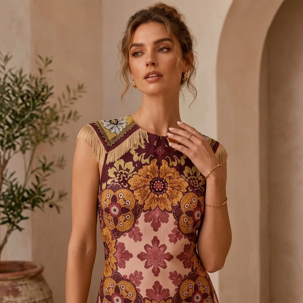 Vintage Bohemian Scarf Print Midi Dress Women Elegant Floral Sleeveless Wrap Dress Summer Asymmetrical Handkerchief Hem Fringe