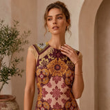 Vintage Bohemian Scarf Print Midi Dress Women Elegant Floral Sleeveless Wrap Dress Summer Asymmetrical Handkerchief Hem Fringe
