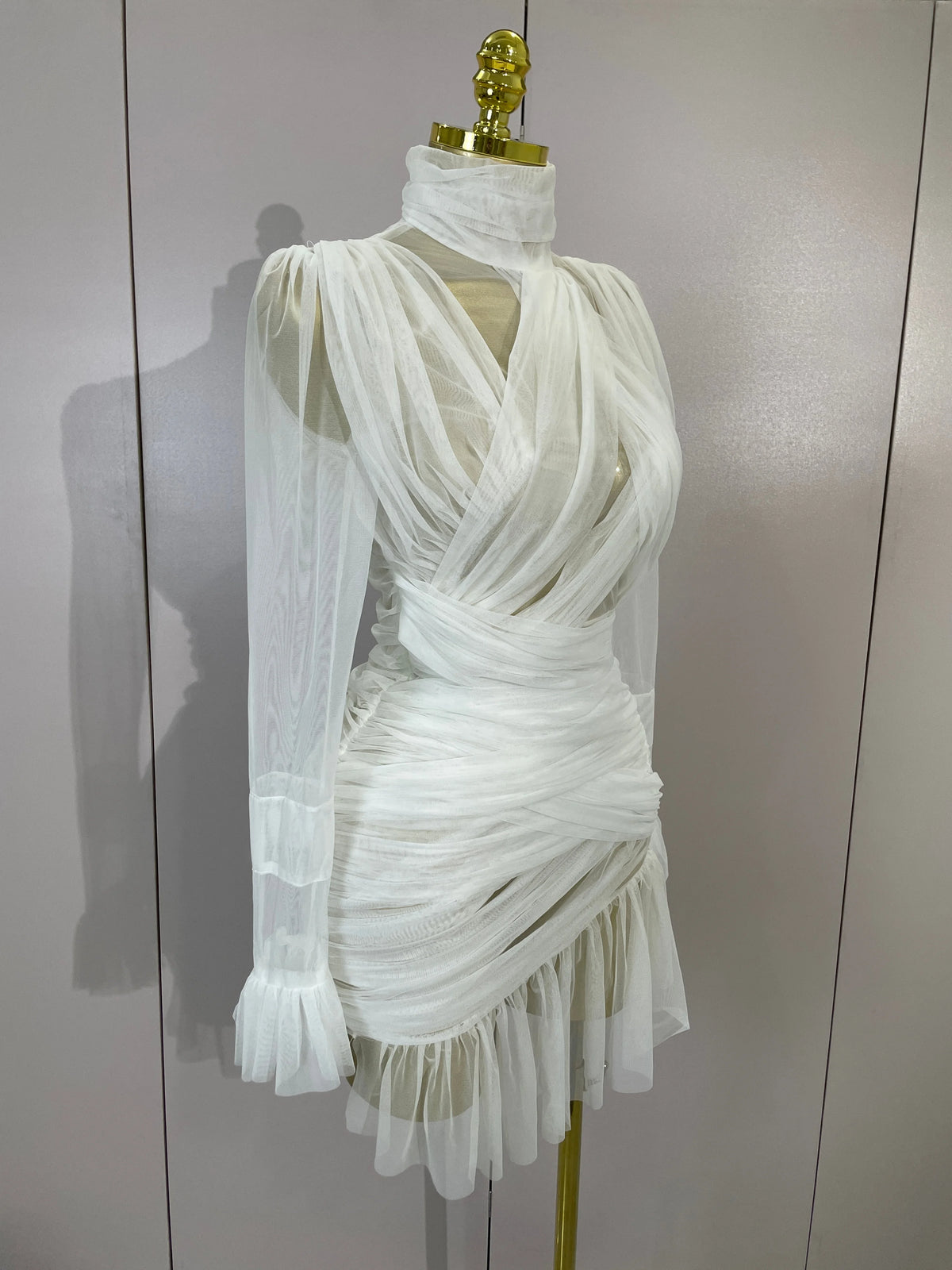 Elegant White High Collar Long Sleeve Solid Mesh Sexy See Through Ruffle Mini Dress Women Evening Club Party Birthday Dresses