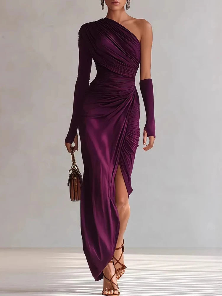 Spring Summer Skew Collar Solid Maxi Dress, Women Holiday Fashion One Shoulder Party Dress, 2026 Elegant Patchwork Ladies Dress