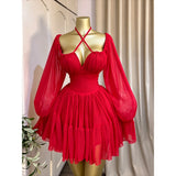 CM.YAYA Women Flare Long Sleeve Strapless Halter Pleated Mini Dress 2026 Fall Street Holiday Ruched Tiered Party Evening Dresses