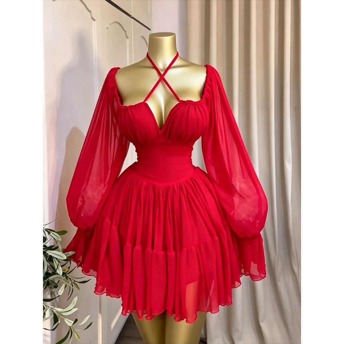 CM.YAYA Women Flare Long Sleeve Strapless Halter Pleated Mini Dress 2026 Fall Street Holiday Ruched Tiered Party Evening Dresses