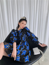 CHEERART Organza Jacquard Royal Blue Puff Sleeve Floral Fairy Dress For Women Long Sleeve Square Neck Tulle Dress Autumn Clothes