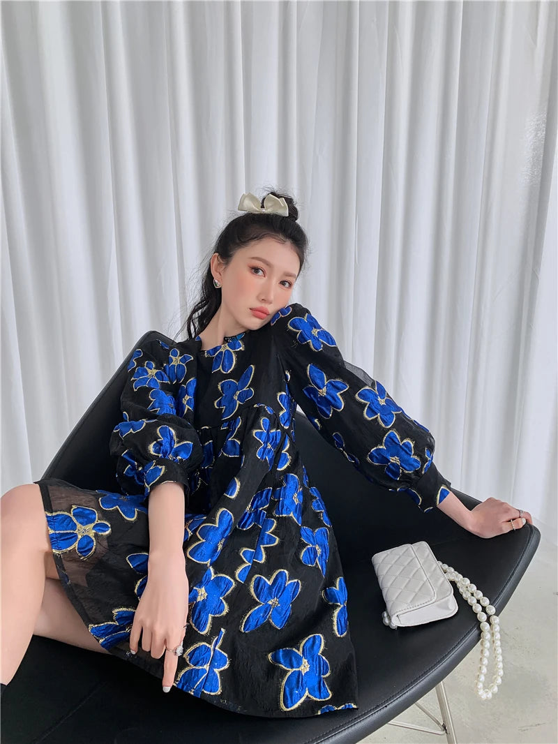 CHEERART Organza Jacquard Royal Blue Puff Sleeve Floral Fairy Dress For Women Long Sleeve Square Neck Tulle Dress Autumn Clothes