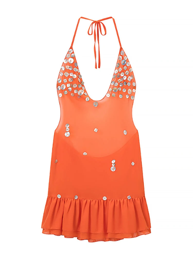 Sexy Women Sequin Lace Trim Mini Dress Chic V-neck Sleeveless High Waist Mini Sling Dresses 2026 Daily Summer Lady Vacation Robe