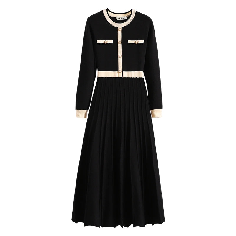 2026 New Autumn Winter Women O-neck Long Sleeve Knitted Pleated A-line Dress Christmas Party Red Sweater Long Dresses