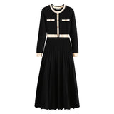 2026 New Autumn Winter Women O-neck Long Sleeve Knitted Pleated A-line Dress Christmas Party Red Sweater Long Dresses