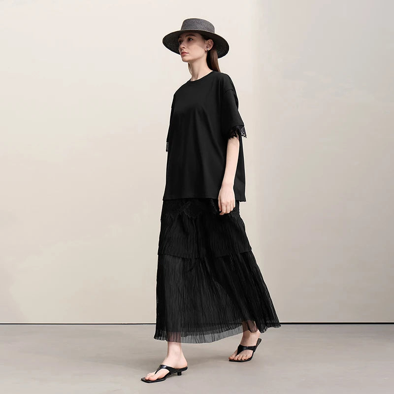 Amii Women's T-Shirt 2026 Summer Round Neck Drop Shoulder Cotton Tee Lace Patchwork Loose Side Slit Top For Women 12652004