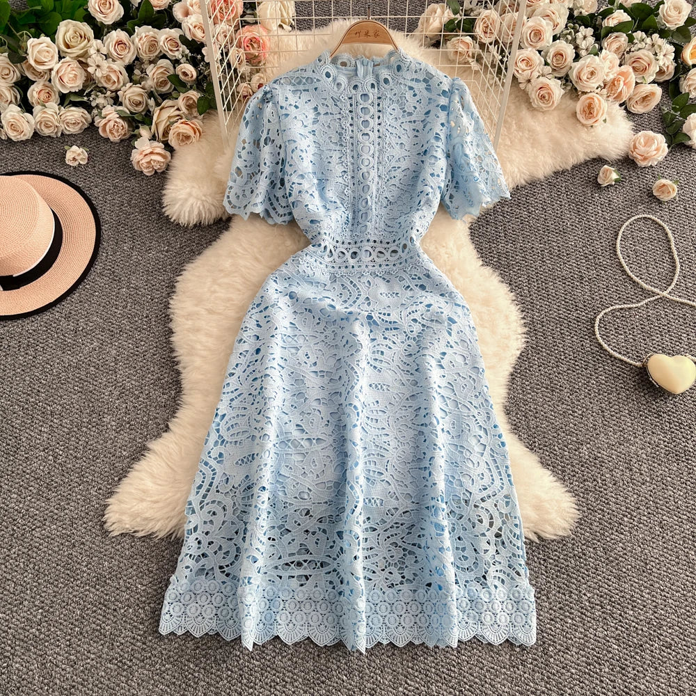 Slimming ort Sve Hollow out Waist-Cinched Hook-Design Dres Women's Faionable New Arrival Spring Summer Korean Sle