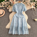 Slimming ort Sve Hollow out Waist-Cinched Hook-Design Dres Women's Faionable New Arrival Spring Summer Korean Sle