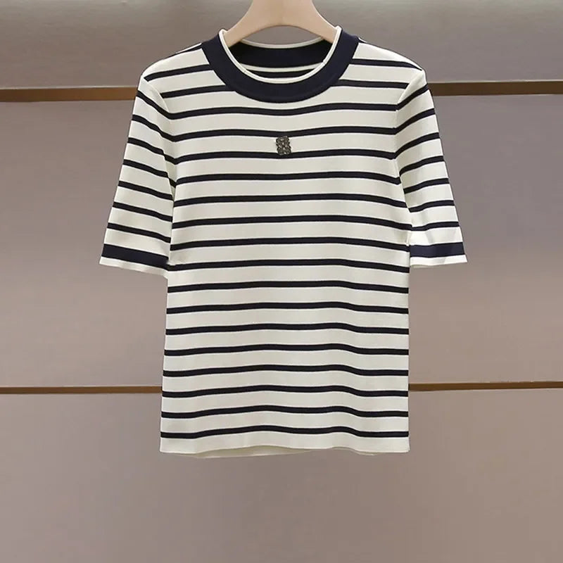 Summer New 2026 Women Short Sleeved Loose Round Neck Striped T-Shirt and Top Versatile