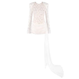 VC Opulent White Sequins Lace Long Sleeves Mini Dress with Structured Padded Shoulders & Dramatic Train Women Female Clothing