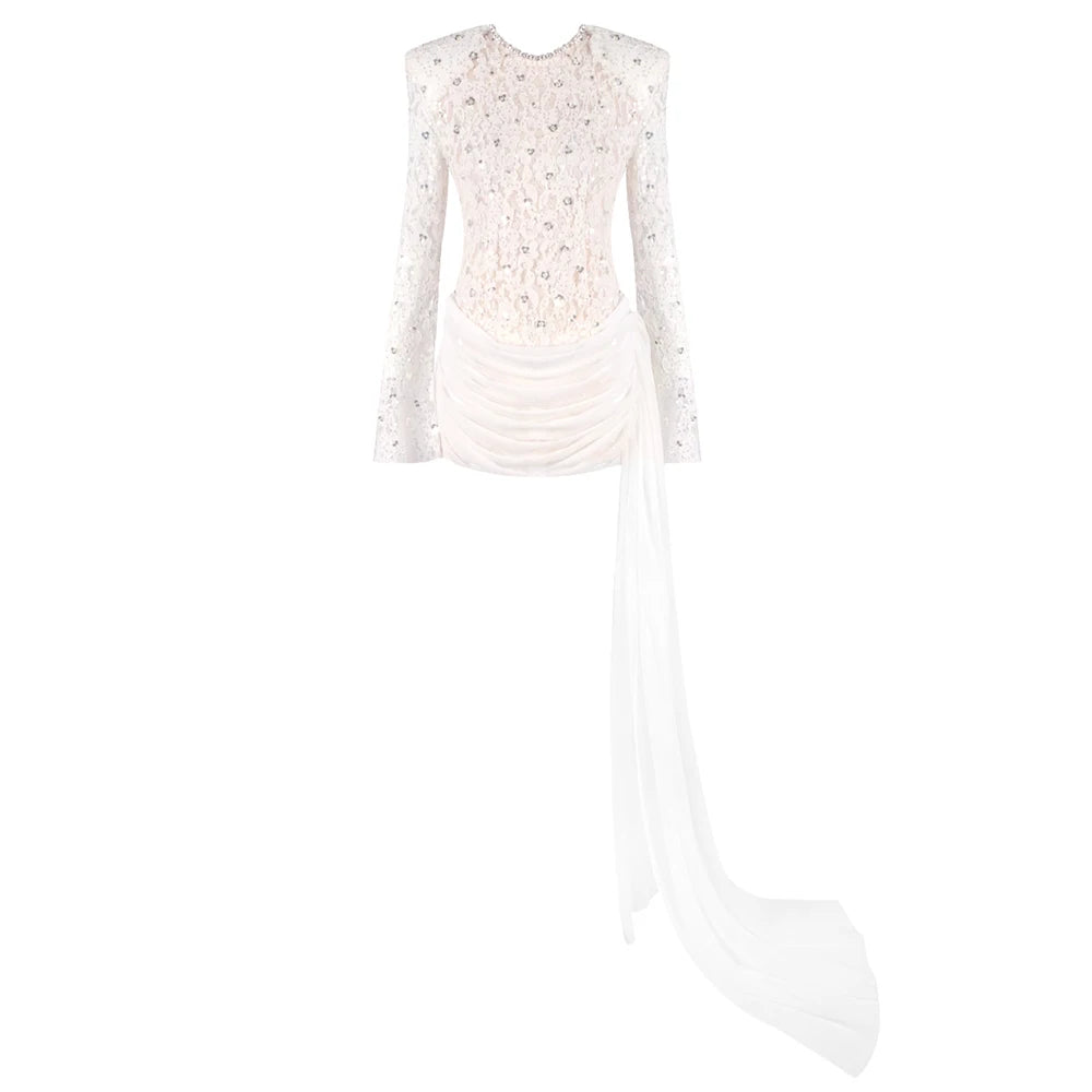 VC Opulent White Sequins Lace Long Sleeves Mini Dress with Structured Padded Shoulders & Dramatic Train Women Female Clothing