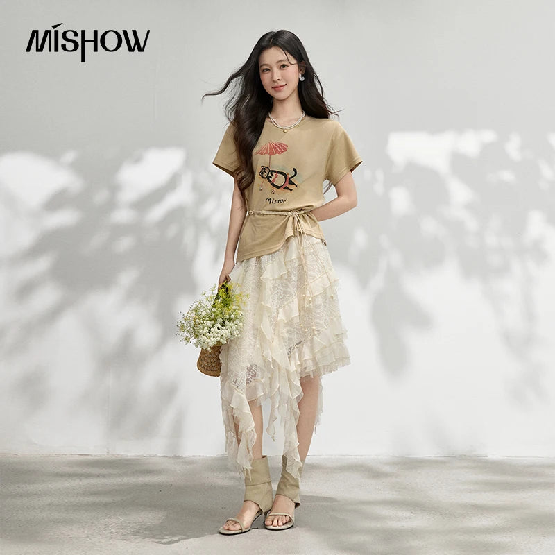 MISHOW Women Round Neck T-shirt 2026 Summer New Cute Cat Print with Waist Tie Detail Khaki Casual Short Sleeve Top MXF24T1600