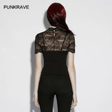 PUNK RAVE Women's Gothic Lace Knitted Elegant Texture Hazy Beauty Short Sleeved T-shirt 3d Small Decal Slim Sexy Tops Summer