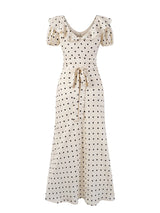 Chu Sau beauty Women New Fashion Sweet Polka Dot Print Chic Ruffles Midi Dress French V-Neck Puff Sleeve Vintage Party Dresses