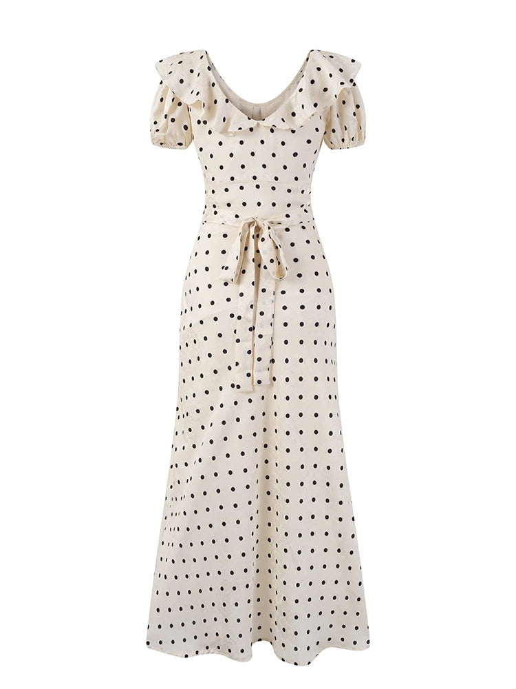 Chu Sau beauty Women New Fashion Sweet Polka Dot Print Chic Ruffles Midi Dress French V-Neck Puff Sleeve Vintage Party Dresses