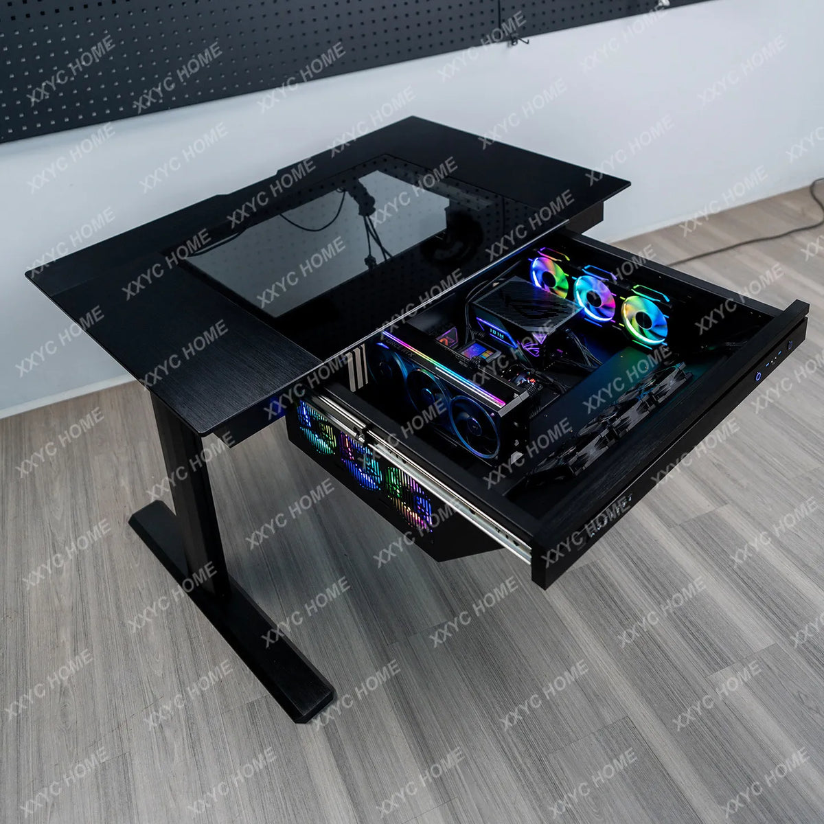 AA Computer integrated table solid aluminum alloy surface transparent drawer large chassis electric lifting e-sports table